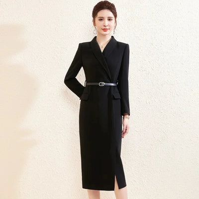 Elegant Slim Fit Suit Dress for Women Black Long Sleeve Commute Friendly Professional Long Skirt Style Spring Ready