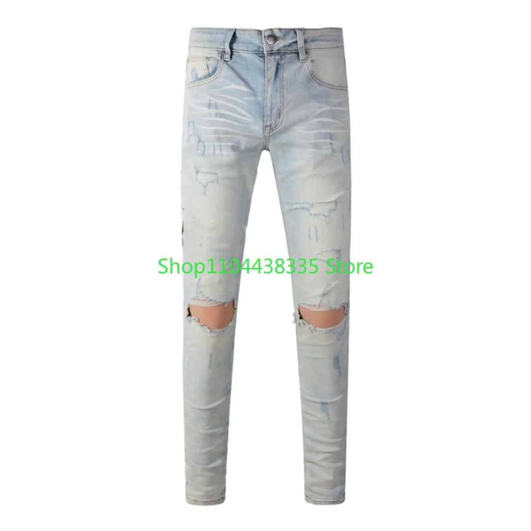 Americans New Trendy Streetwear Men's Jeans Low Rise Skinny Denim Pants Pleated Ripped Trousers