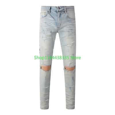 Americans New Trendy Streetwear Men's Jeans Low Rise Skinny Denim Pants Pleated Ripped Trousers
