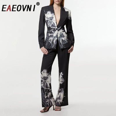 EAEOVNI Flower Printing Design Fashion Set For Women Contrast Color Blazer Coat + Long Pants Elegant 2025 Autumn New Clothing