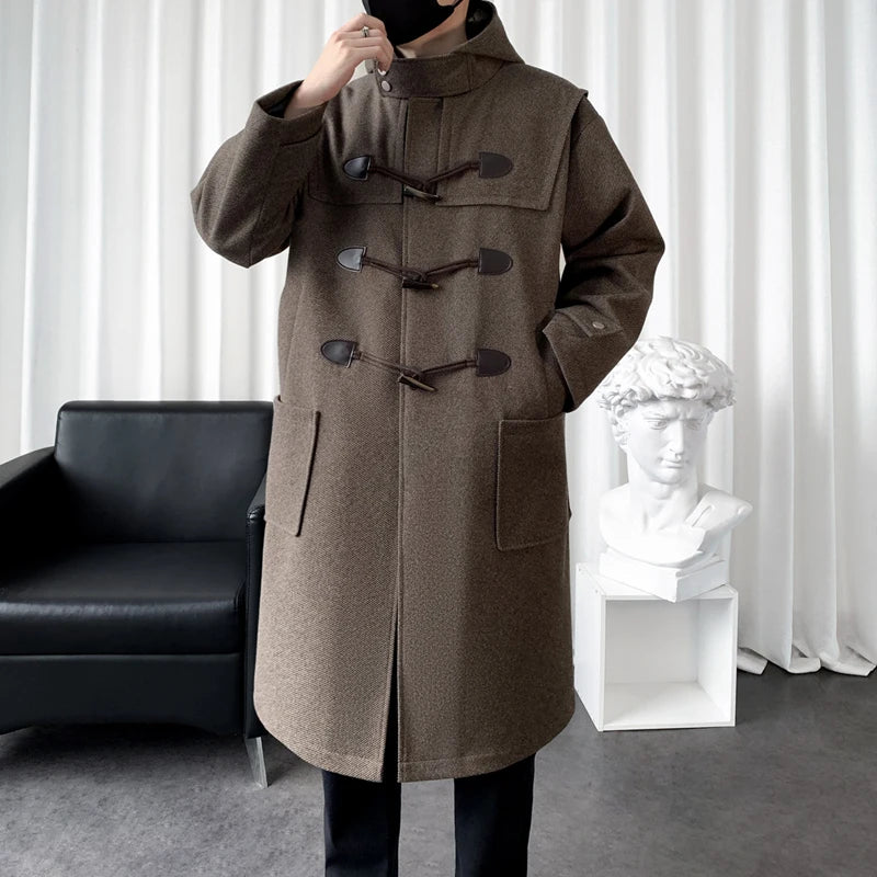 2025 Autumn Men Korean Hooded Trench Coat Men Casual Horn Button Woollen Coat Men Black Warm Long Coat Male Wool Blends Overcoat
