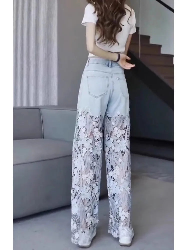 Large Size Women's Summer 2025 New High Waist Versatile Loose Fashion Wide-leg Pants Personalized Hollow Light Blue Ripped Jeans