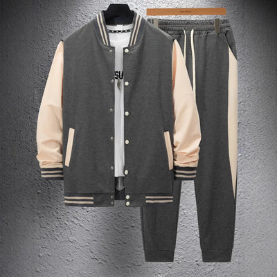 Autumn and winter new thick baseball suit casual men's stand collar cardigan coat matching color sports long sleeve pants suit