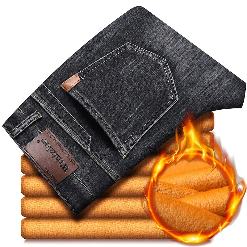 2024 Mens Winter Classic Business Quality Famous Brand Fleece Pants Straight Trousers Winter Thermal Warm Plush Stretch Jeans