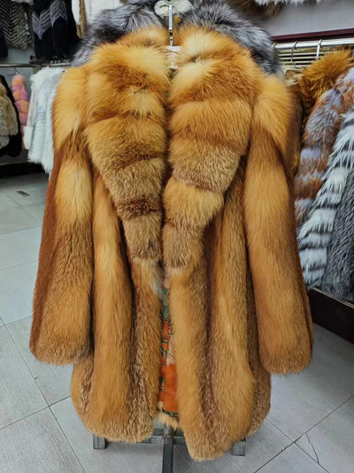 Women's Luxury Long Fox Fur Coat Real Fox Fur Jacket Winter Outerwear Silver Fox Fur Coat