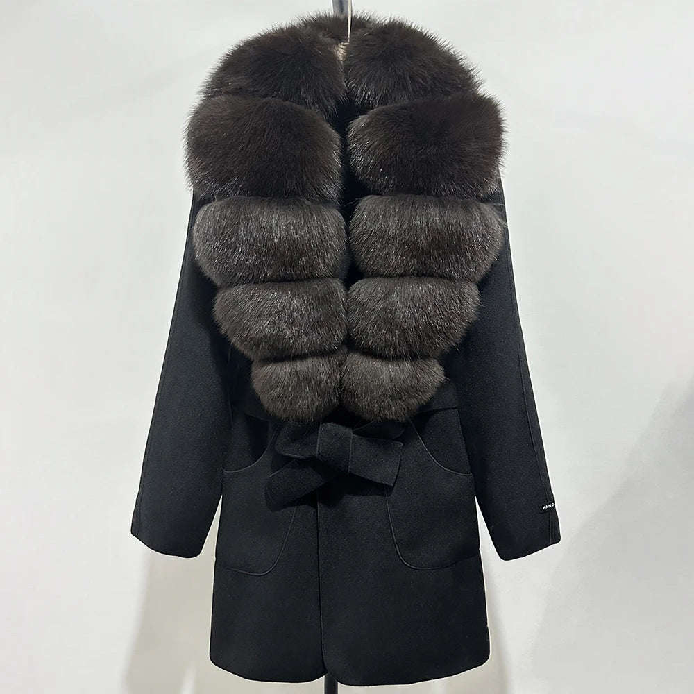 Wool Blend Jacket Autumn Women Winter Fashion Real Fox Fur Collar European Fahsion Woolen Coat Natural Fur Collar Coat Female