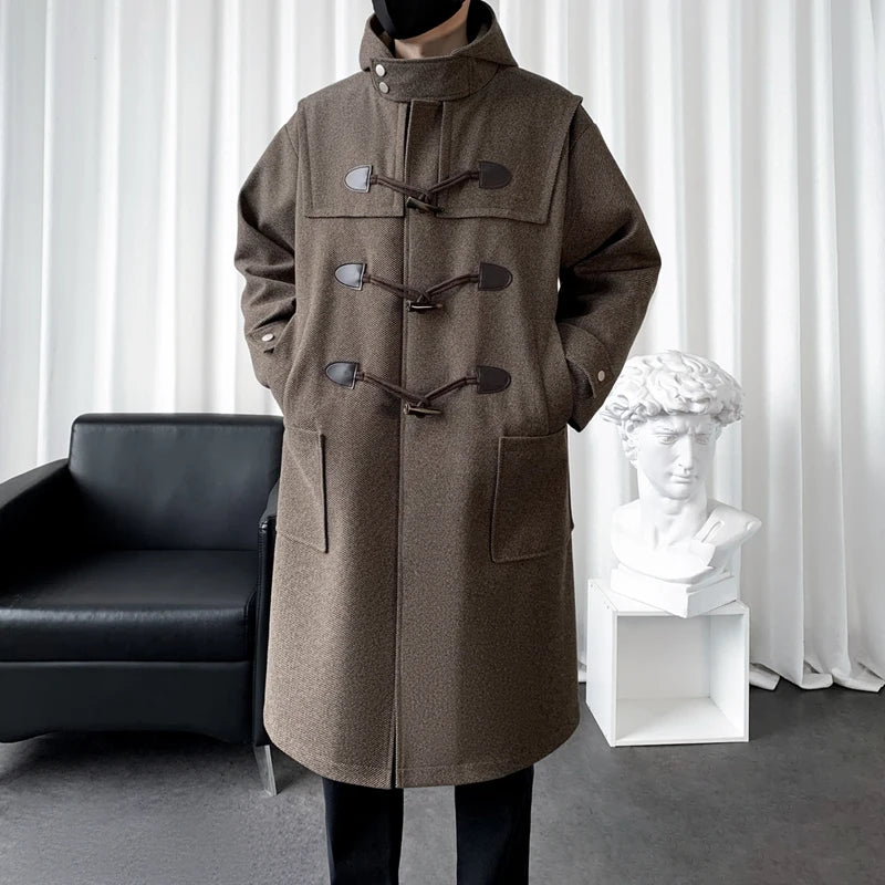 2025 Autumn Men Korean Hooded Trench Coat Men Casual Horn Button Woollen Coat Men Black Warm Long Coat Male Wool Blends Overcoat