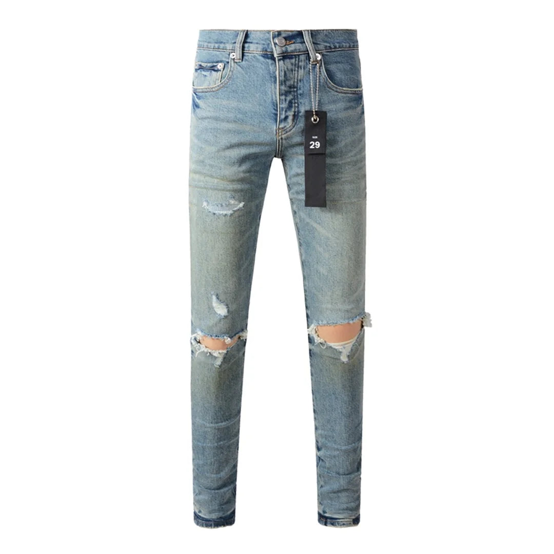 Americans High Street Trendy Men's Jeans Low Rise Stretch PantsSkinny Button Fly Ripped Retro Hold Trousers