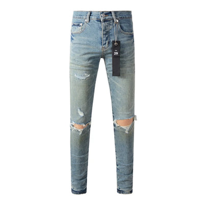 Americans High Street Trendy Men's Jeans Low Rise Stretch PantsSkinny Button Fly Ripped Retro Hold Trousers