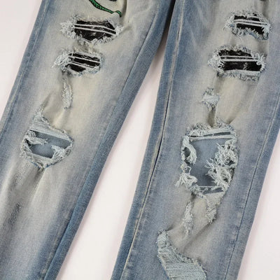 Trendy American Style Embroidered Streetwear Jeans High Elasticity Slim Fit Snake Eye Detailing Casual Scene Suitable