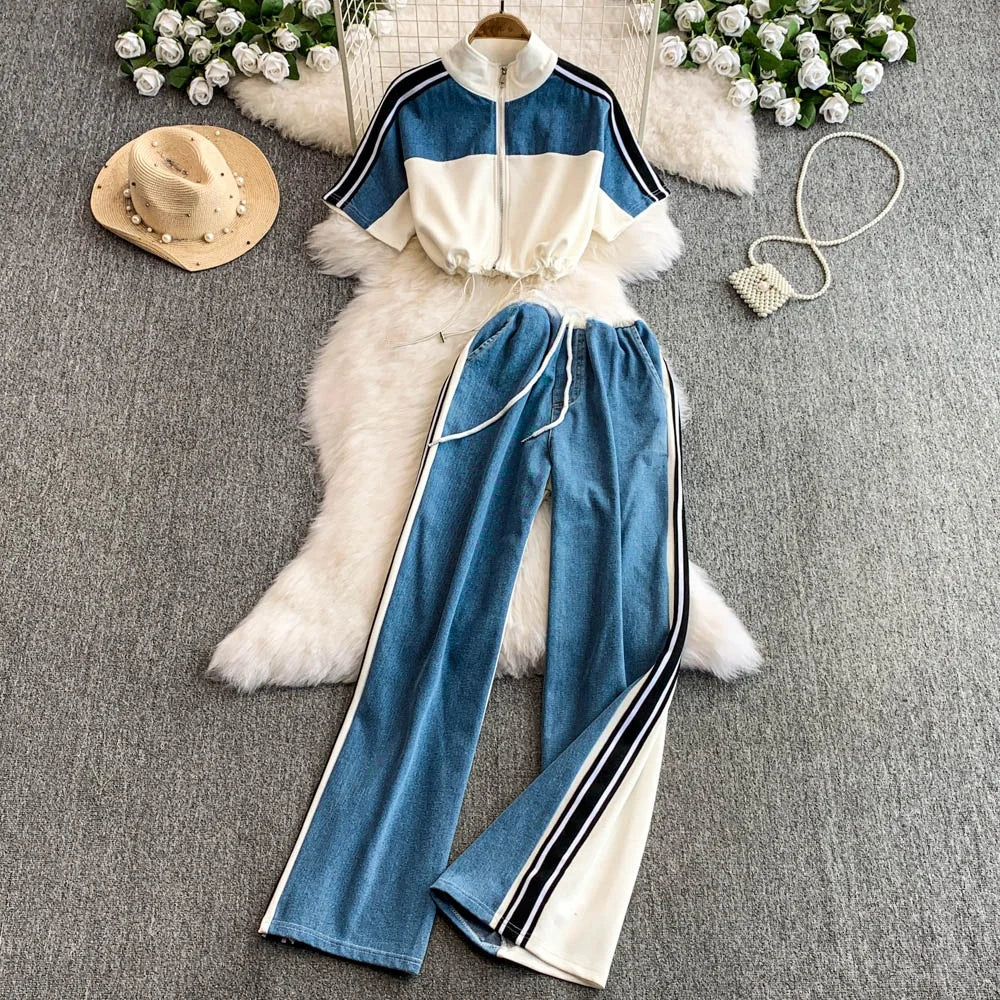 Hong Kong Sle Retro Set Women's Stand Collar ort Sve T-irt Denim Patchwork Loose Elastic Waist Straight Leg Pants