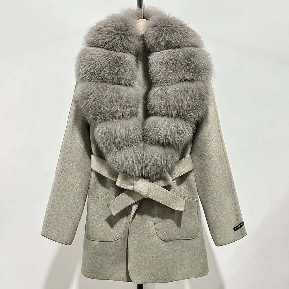 Wool Blend Jacket Autumn Women Winter Fashion Real Fox Fur Collar European Fahsion Woolen Coat Natural Fur Collar Coat Female