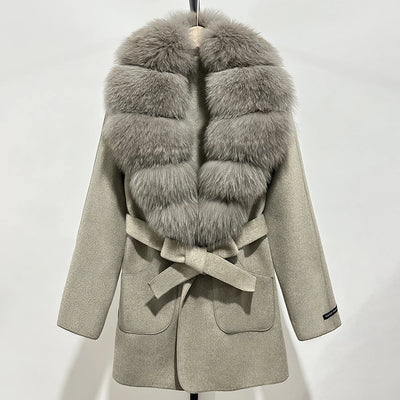 Wool Blend Jacket Autumn Women Winter Fashion Real Fox Fur Collar European Fahsion Woolen Coat Natural Fur Collar Coat Female
