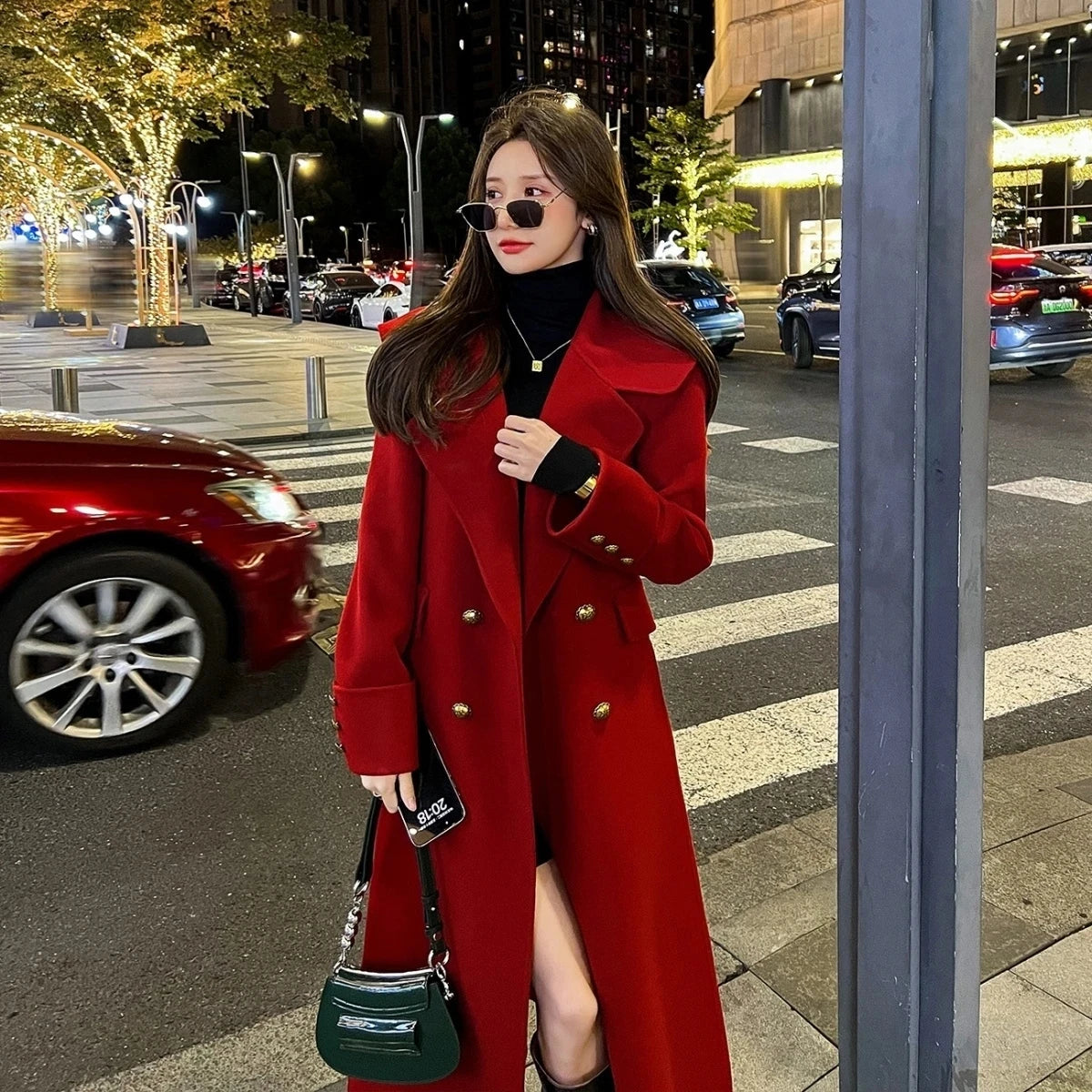 Autumn Winter Female Medium Long Styles Outwear Korean Ladies Long Sleeves Woolen Top 2024 Women Solid Color Wool Blend Jacket