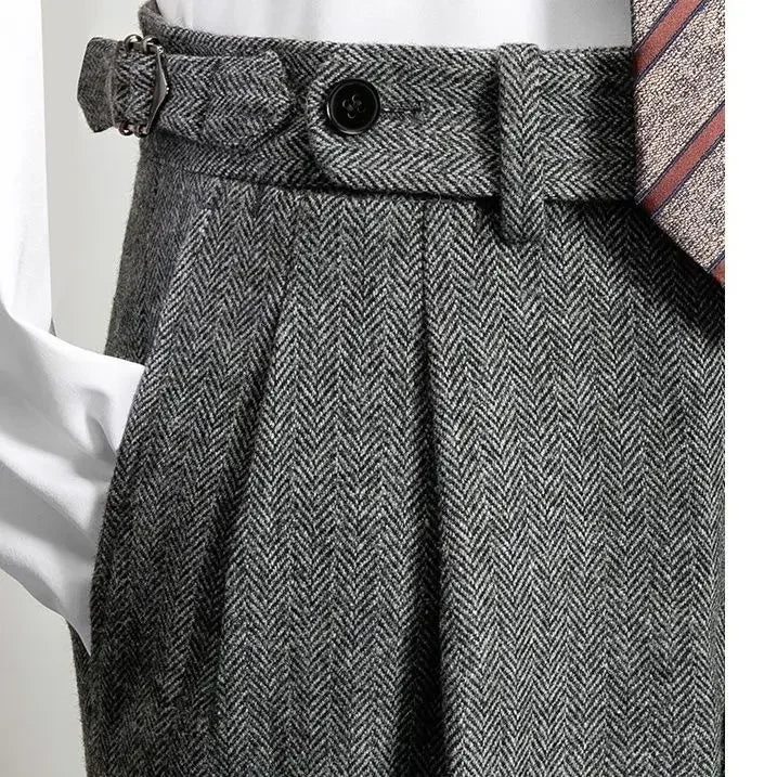 2025 Men's Autumn Winter Fashion High Waist Wool Trousers Male Tweed Casual Pockets Pants Men Long Straight Suit Pants F394