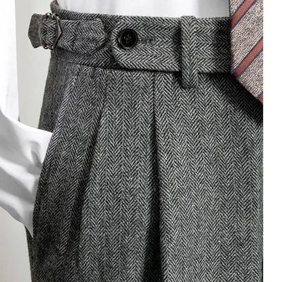 2025 Men's Autumn Winter Fashion High Waist Wool Trousers Male Tweed Casual Pockets Pants Men Long Straight Suit Pants F394