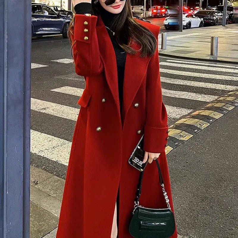 Wool Trenchcoat 2024 New Autumn Winter Chic Jacket Women's Overcoat Korean Loose Mid-Length Double-Breasted Wool Coat