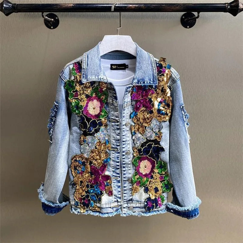 Spring Autumn New Women's Embroidery Red Rose Short Denim Jacket Coat Hole Long Sleeve Skinny Blue Jeans Coats