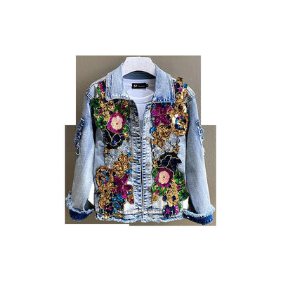 Spring Autumn New Women's Embroidery Red Rose Short Denim Jacket Coat Hole Long Sleeve Skinny Blue Jeans Coats