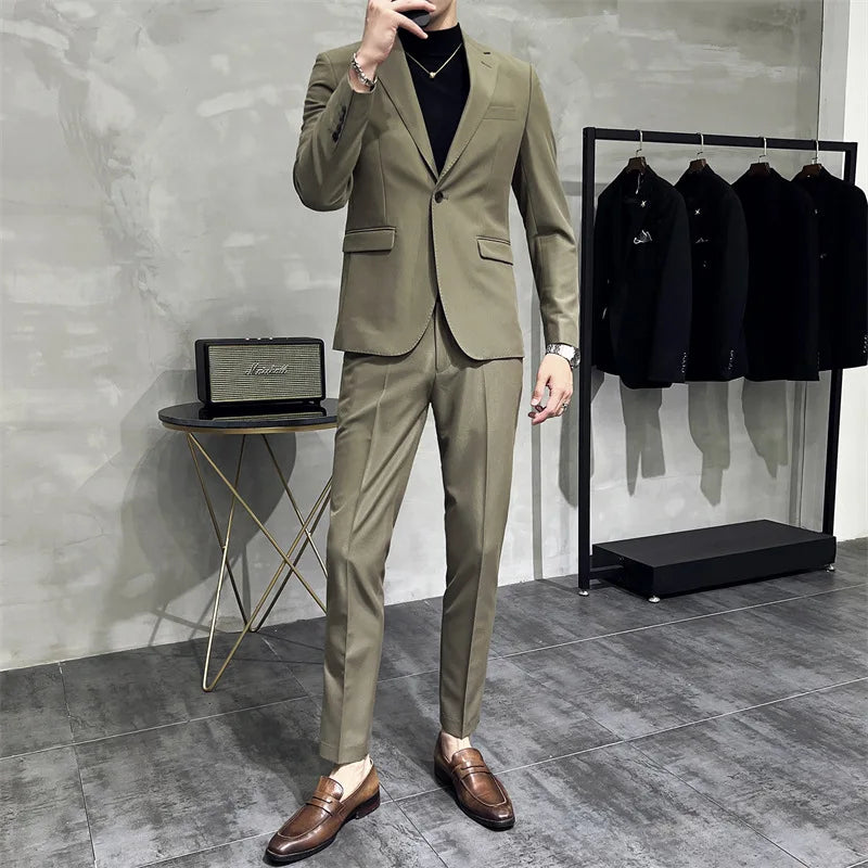 Men's Solid Color Formal Two-Piece Suit Fashion Business Casual Office Dress Wedding Party High-Quality Jacket And Pants Set