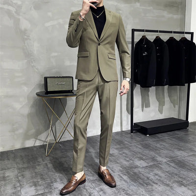 Men's Solid Color Formal Two-Piece Suit Fashion Business Casual Office Dress Wedding Party High-Quality Jacket And Pants Set
