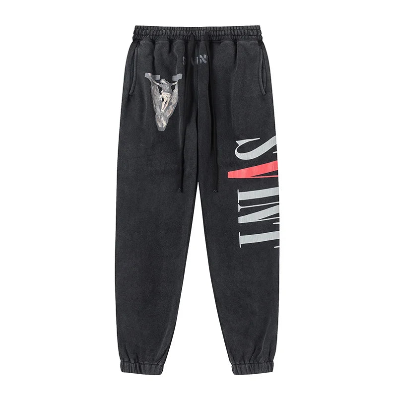 High Street Retro Fall Winter Hip Hop Casual Pants Washed Graffiti Printed Men Women Bunch Leg Saint High Quality Sweatpants