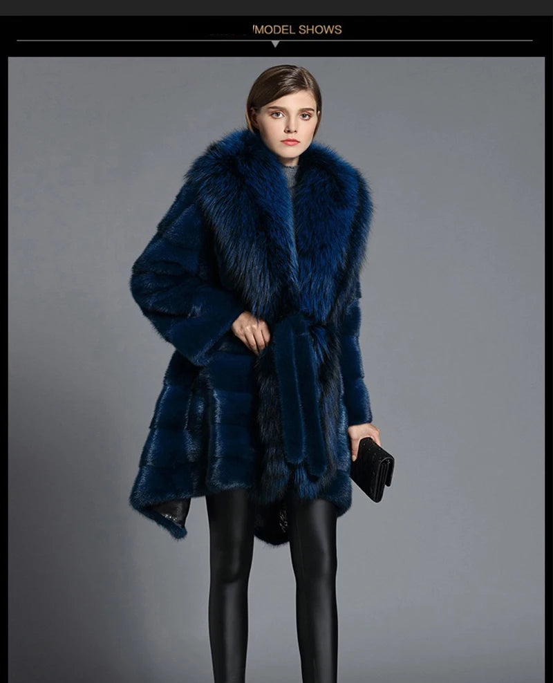 HDHOHR 2025 New Natural Mink Fur Coats Women Real Mink Fur Coat With Big Fox Elegant blue High Quality Female Warm Winter Jacket