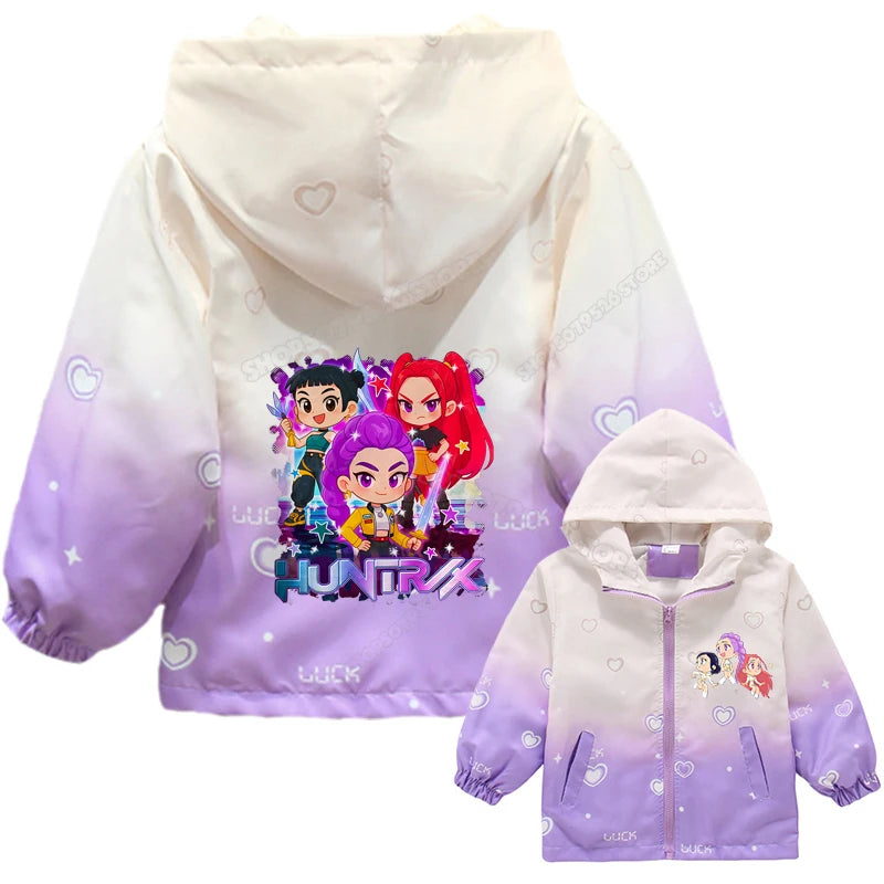 KPop Demon Hunters Girls Hood Jacket Kids Windbreak Coat Outdoor Casual Waterproof Jackets Zip Up Coat Movie Anime Outerwear