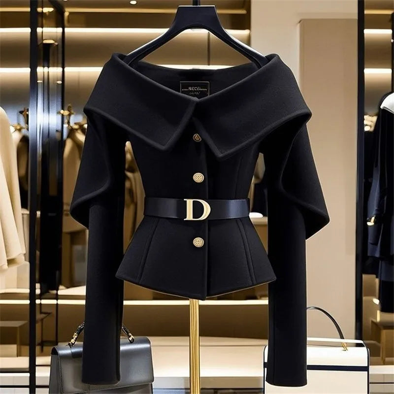 Limiguyue Black Short Jacket for Women Small Fragrance Letter Belt Coat High End Design Turn Down Collar Tops Autumn Winter 493P