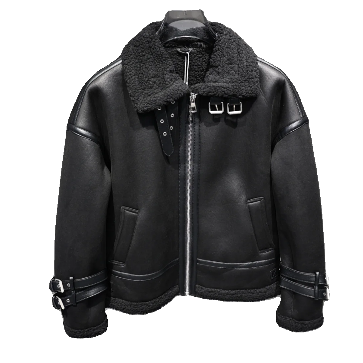 Thiened Winter Flight Jaet Lamb Fur Lined Inteated Leather Metal Bule Design Warm Coat Outerwear for Men
