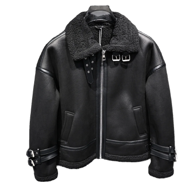 Thiened Winter Flight Jaet Lamb Fur Lined Inteated Leather Metal Bule Design Warm Coat Outerwear for Men