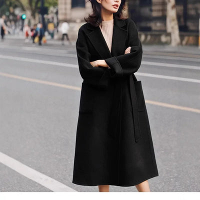 Long Double-Sided Cashmere Coat Women's Caramel Color Woolen Tweed Jacket Water-Wave Pattern Loose Fit Chinese Origin