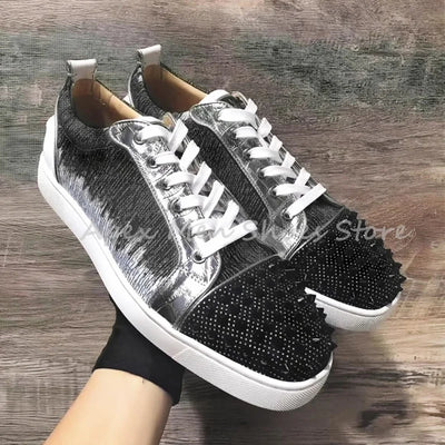 2025 Autumn Leather White Blue Splice Casual Shoes Spike Toe Streetwear Men Shoes Fashion Lightweight Flat Sneakers for Women