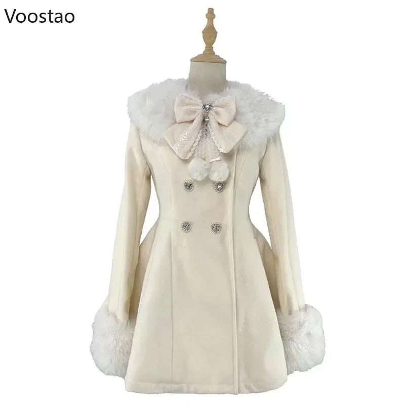 Autumn Winter Japanese Kawaii Lolita Woolen Coat Women Sweet Bow Plush Slim Jacket Female Korean Style Warm Dress Cute Overcoat