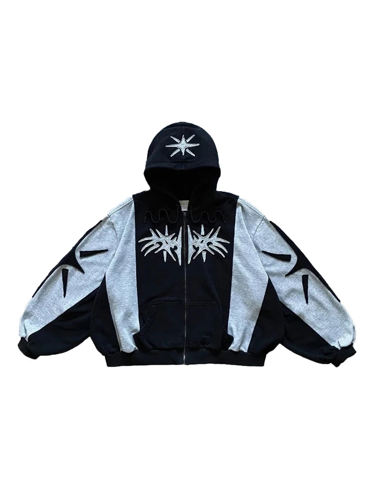 Y2K Embroidered Design Loose Zipper Men's Hoodie Geometric Pattern  Women's Sportswear Gothic Street Wear Extra Large Casual Men
