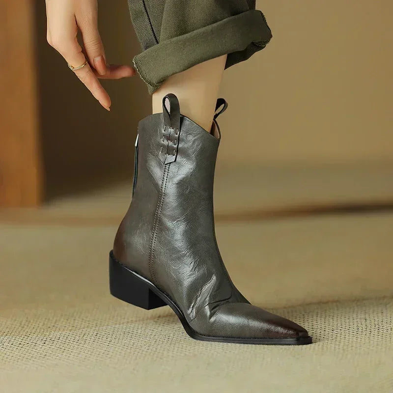 2025 Autumn/winter Women Boots Genuine Leather Western Boots Women Shoes Pointed Toe Chunky Heel Chelsea Boots Retro Ankle Boots