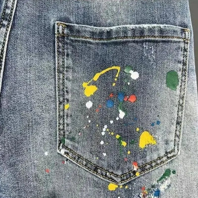Men's Short Jeans Pants Graffiti Slim Blue Ripped Male Denim Shorts Rude Retro Summer Thin Stretch Korean Fashion Streetwear Xl