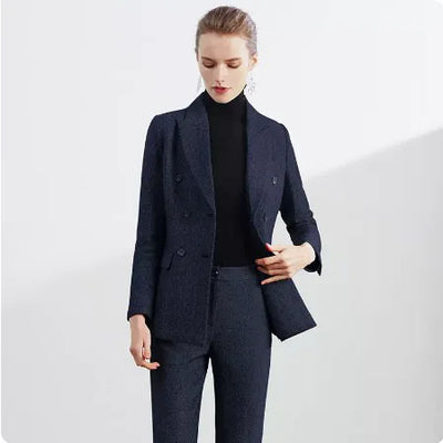 Retro Wool Suit Two Piece Sets Womens Outifits Double-Breasted Blazer Female President Manager Professional Suit Set Clothing