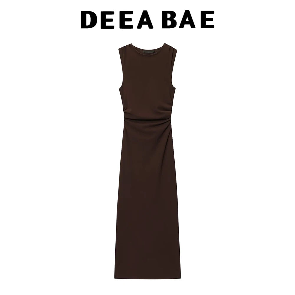 DEEABAE Autumn new women's fashion temperament pleated design with back slit round neck sleeveless MIDI dress
