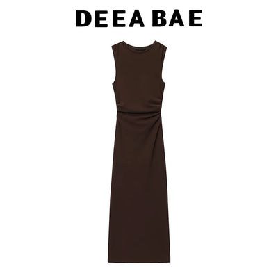 DEEABAE Autumn new women's fashion temperament pleated design with back slit round neck sleeveless MIDI dress