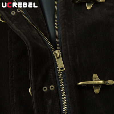 Retro Spliced Suede Jacket Mens Button Decoration Autumn Winter Retro Lapel Long Sleeve Loose Outerwear Man