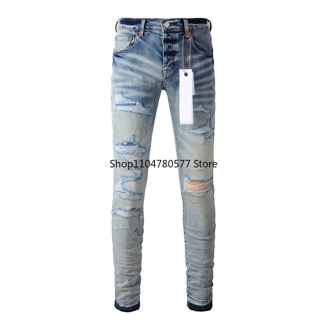 Americans High Street Trendy Men's Jeans Low Rise Stretch PantsSkinny Button Fly Ripped Retro Hold Trousers