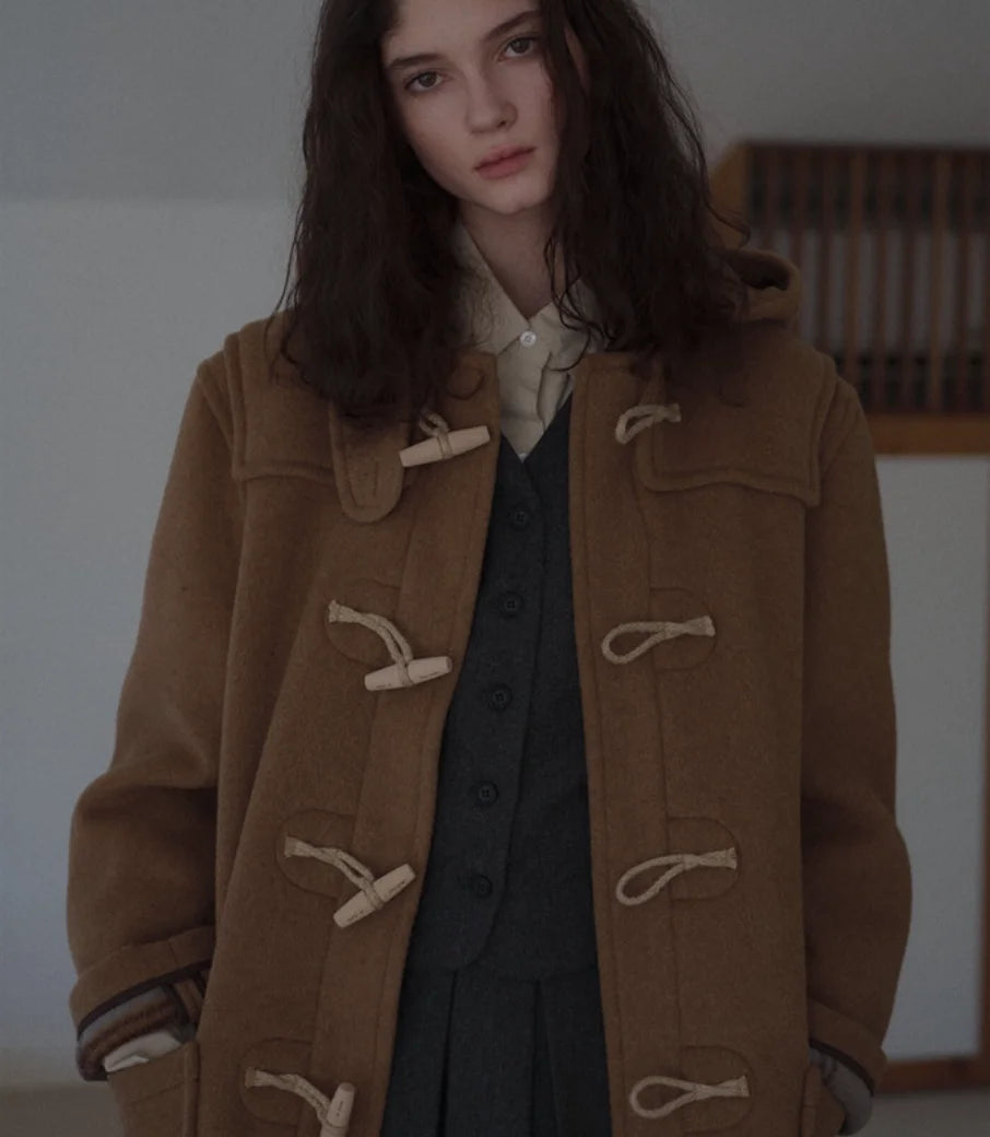Smoothmo*dbaby Thiened Woolen Coat with Horn Buttons And Hood Retro Sle Commute Faion Women's Outerwear