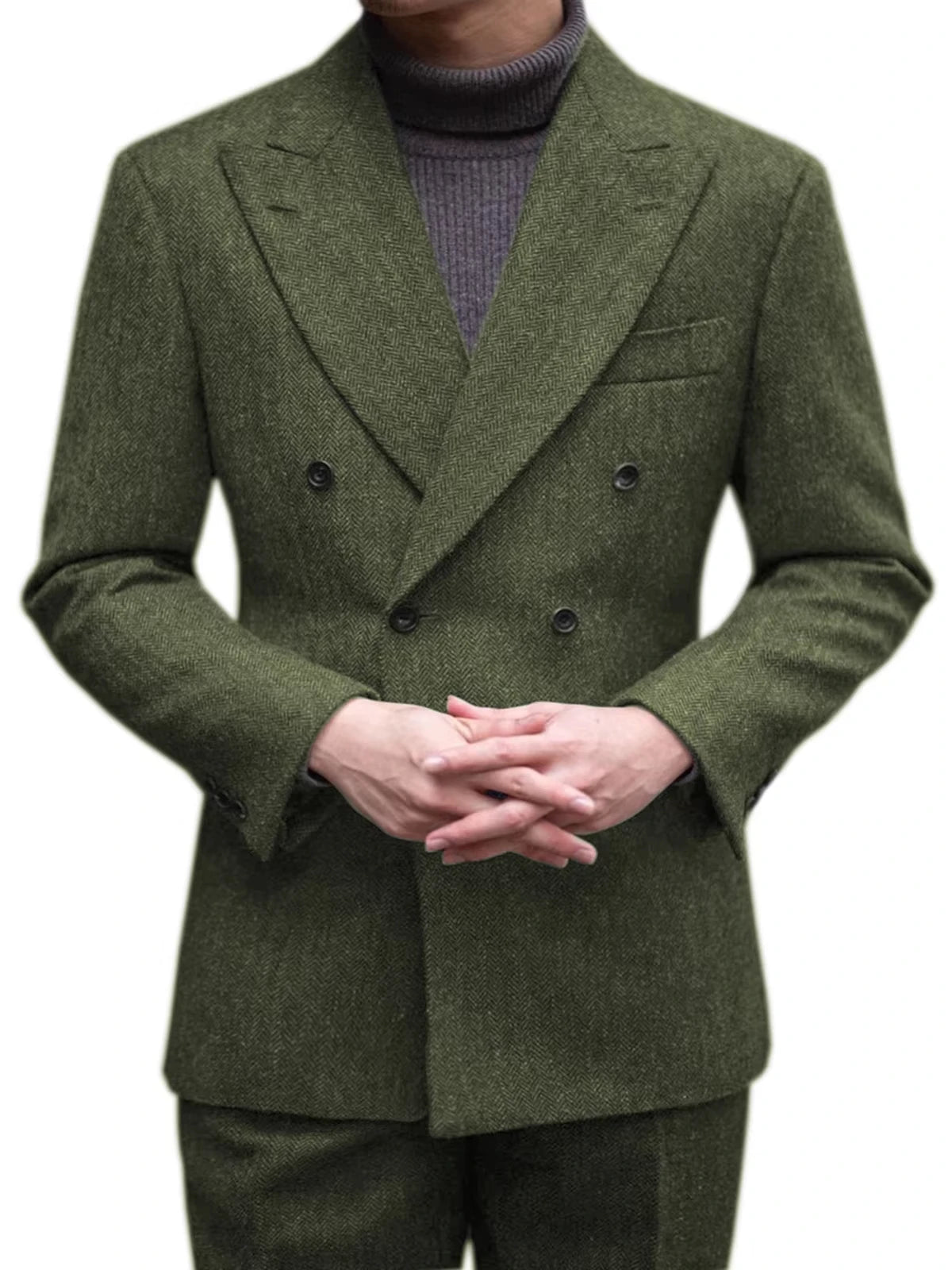 Men's Casual Suit 2 Pieces Blazers Pant Herringbone Men Suits Jackets Double Breasted Notch Lapel Slim Fit Coat Groom Wear NEW