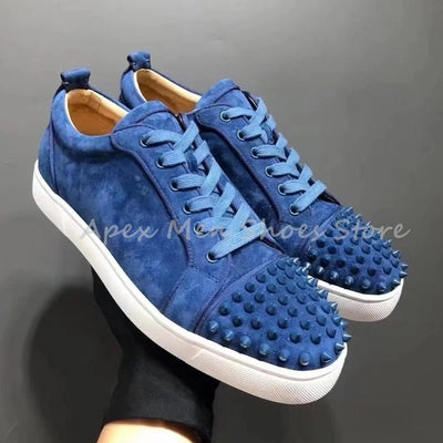 2025 Autumn Leather White Blue Splice Casual Shoes Spike Toe Streetwear Men Shoes Fashion Lightweight Flat Sneakers for Women