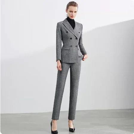 Retro Wool Suit Two Piece Sets Womens Outifits Double-Breasted Blazer Female President Manager Professional Suit Set Clothing
