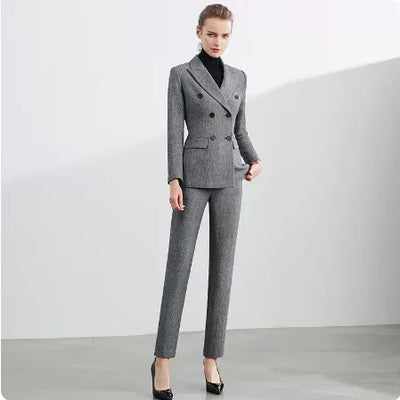 Retro Wool Suit Two Piece Sets Womens Outifits Double-Breasted Blazer Female President Manager Professional Suit Set Clothing