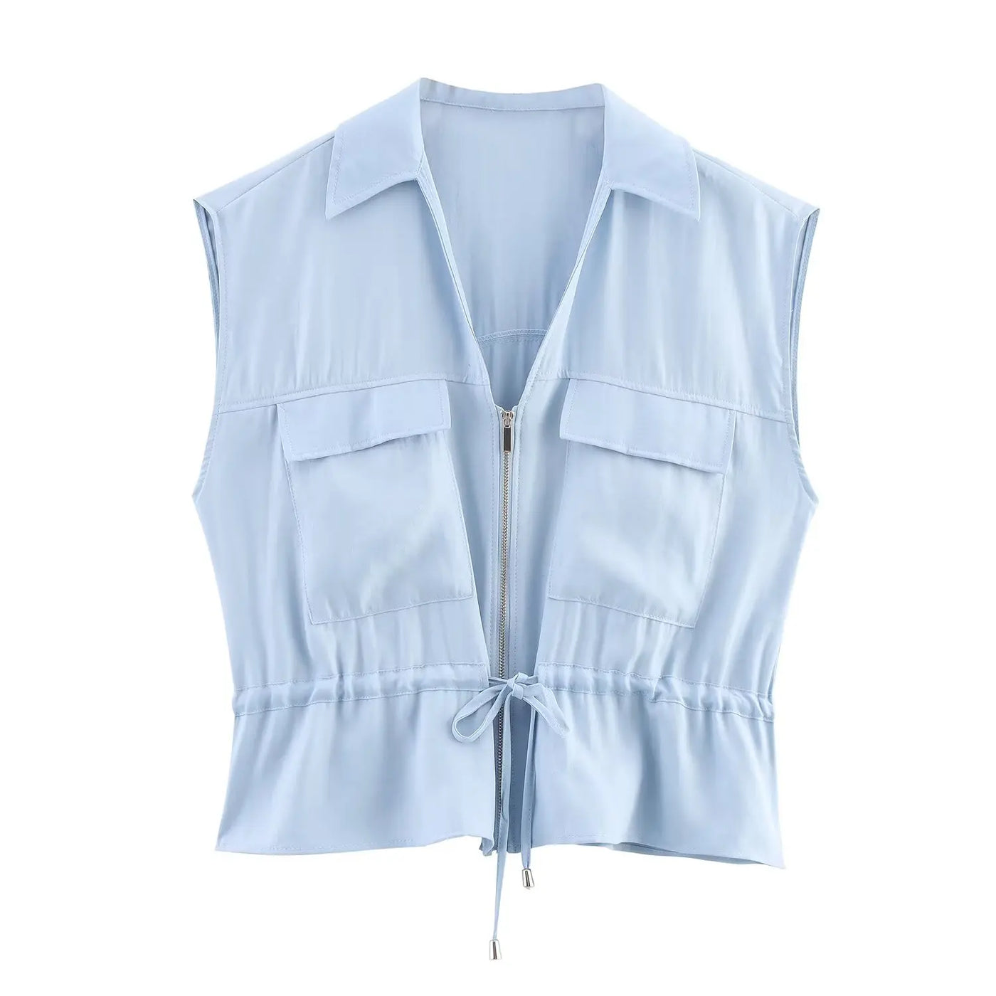 TRAFZA Women Casual Chic Blue Pant Set Zipper V-neck Beige Vest Elastic Waist Pant 2025 Spring Fall Fashion Elegant Vest Set