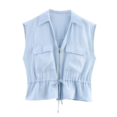 TRAFZA Women Casual Chic Blue Pant Set Zipper V-neck Beige Vest Elastic Waist Pant 2025 Spring Fall Fashion Elegant Vest Set