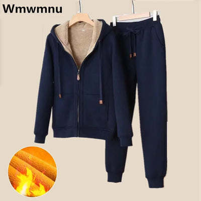 2025 Winter Warm Tracksuit Pants Sets Thick Joggings Lambwool Oversize Sweatsuit Fashion Fleece Sweatshirt Tow Piece Outfits